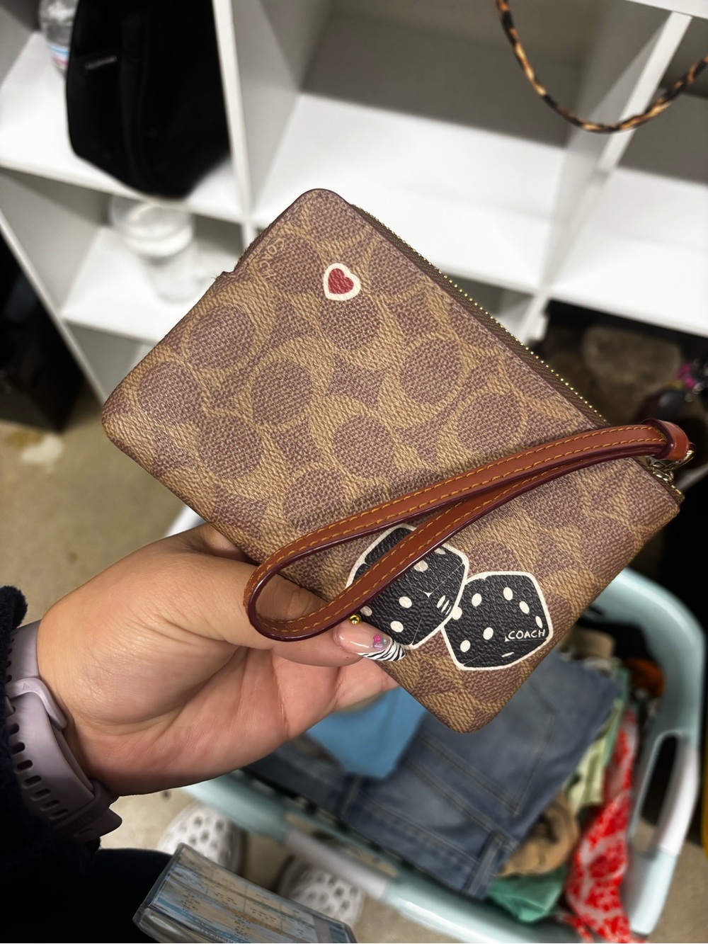 Coach Brown Signature Wristlet with Green Dino & Red Strawberry Patches - Picture 2 of 4